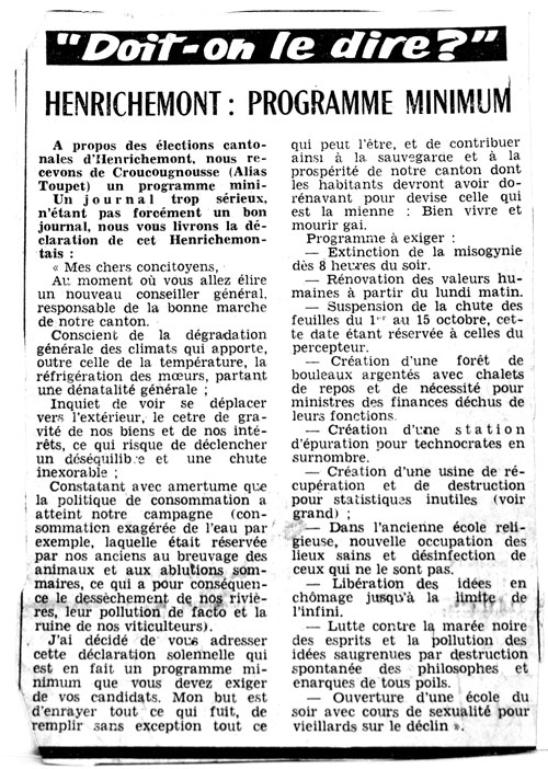 Armand Toupet s'amuse des élections cantonales - article 1976