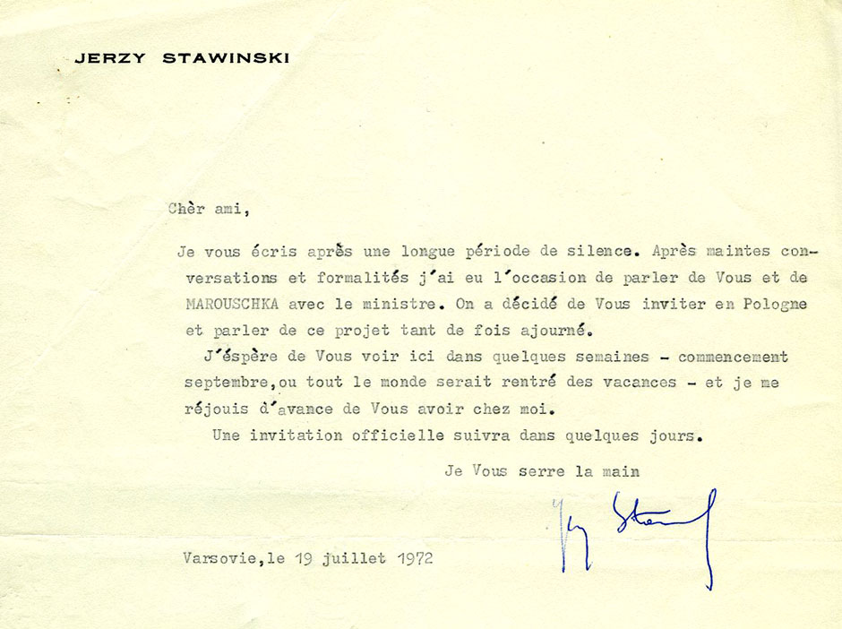 Lettre du réalisateur Jerzy Stefan Stawiński à Armand Toupet